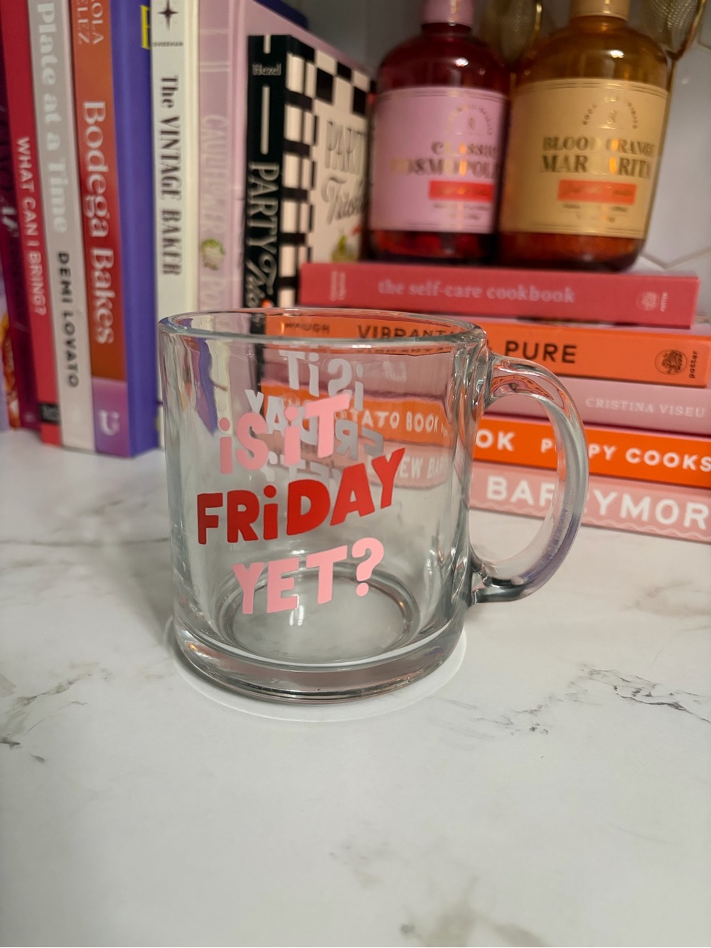 Clear Glass Mug with Red and Pink "Friday Yet?" Print
